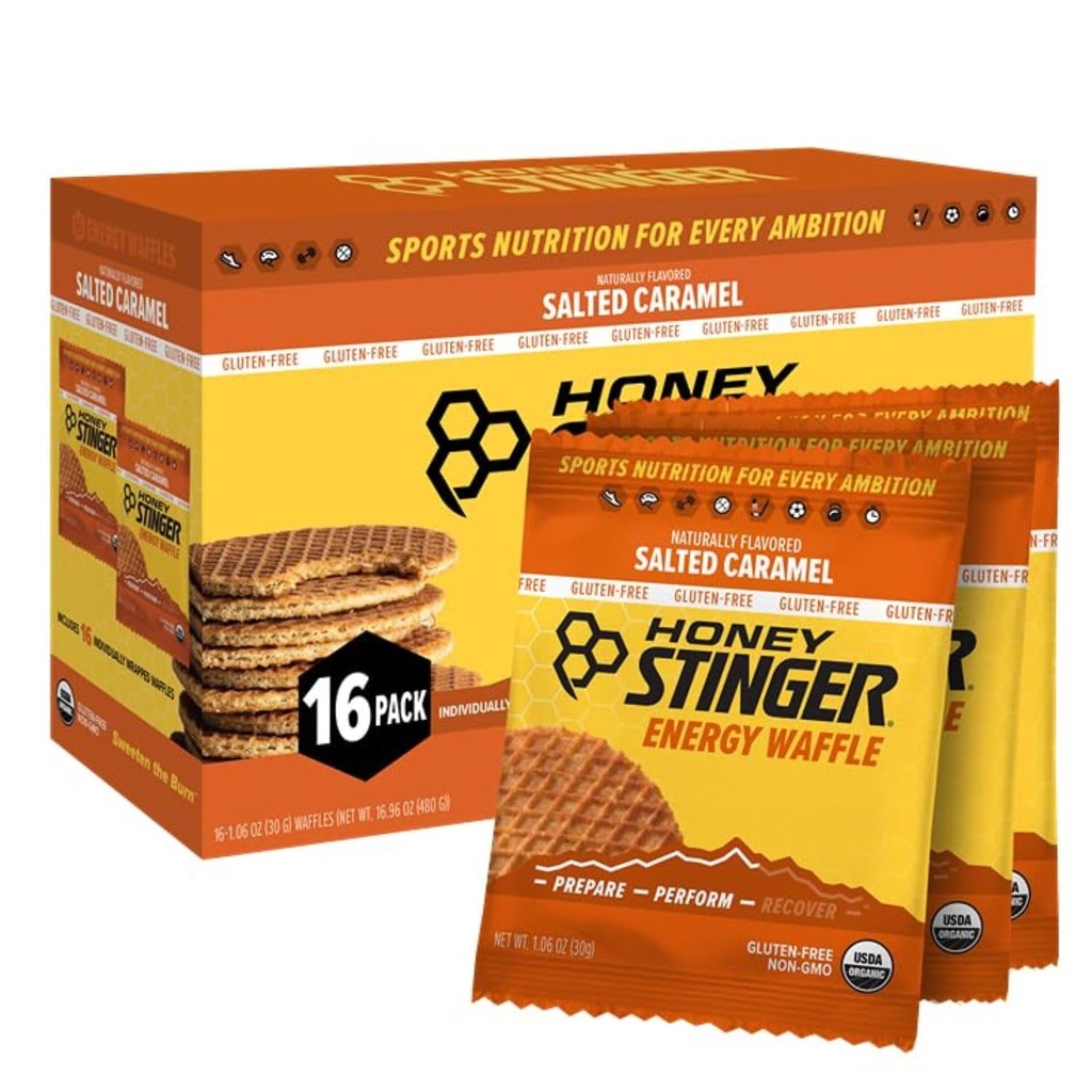 Honning Stinger Organic Gluten Free Saltet Caramel Waffle, Energy Stroopwafel til motion, Endurance og ydeevne, Sport Nutrition til hjemmet & Gym, Pre & Post workout, Box 16 Waffles, 16.96 Oz