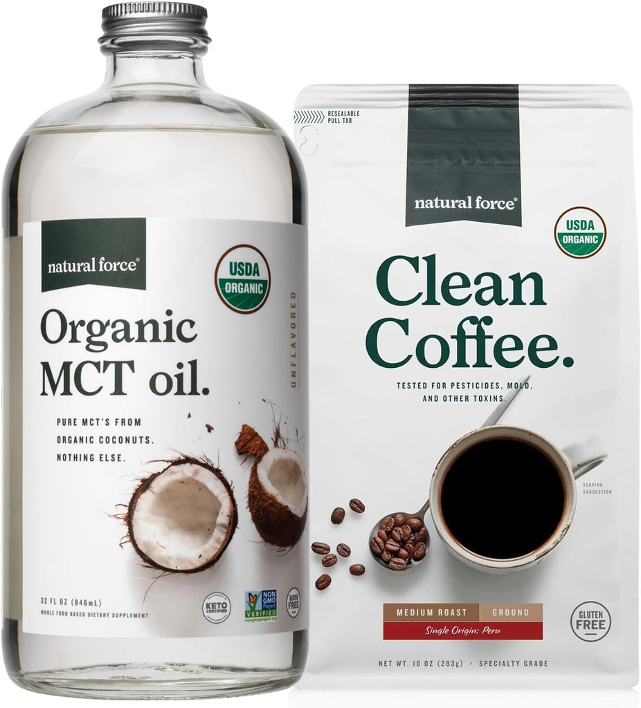 Natural Force Organic Ground Clean Coffee + Organic MCT Oil Bundle - 100% Pure Coconut MCT & Mold & Mycotoksin Free Coffee - Non-GMO, Keto, Paleo og Vegan - 10 Oz Bag og 32 Oz Glass Flaske
