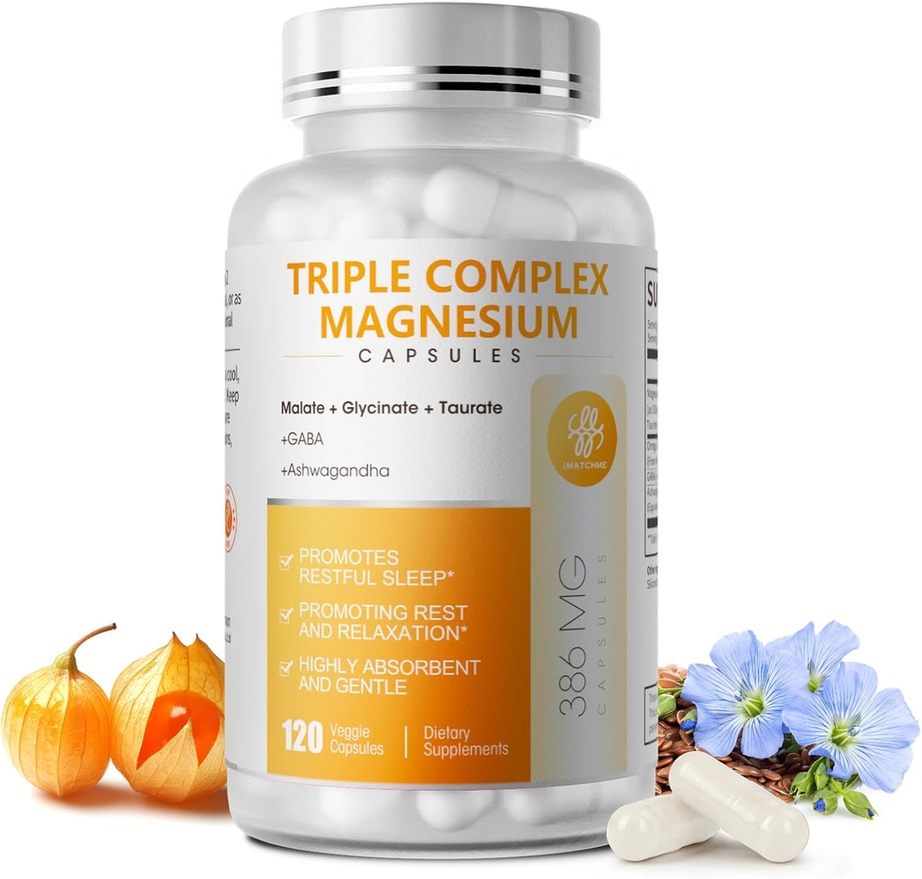 Triple Magnesium Complex - Magnesium Glycinate, Taurat & Malat Supplement med Omega3, Ashwagandha, GABA for søvn, Brain Heart & Muscle Support - Høj Absorption og Gentle, Vegan, 120 Kapsler