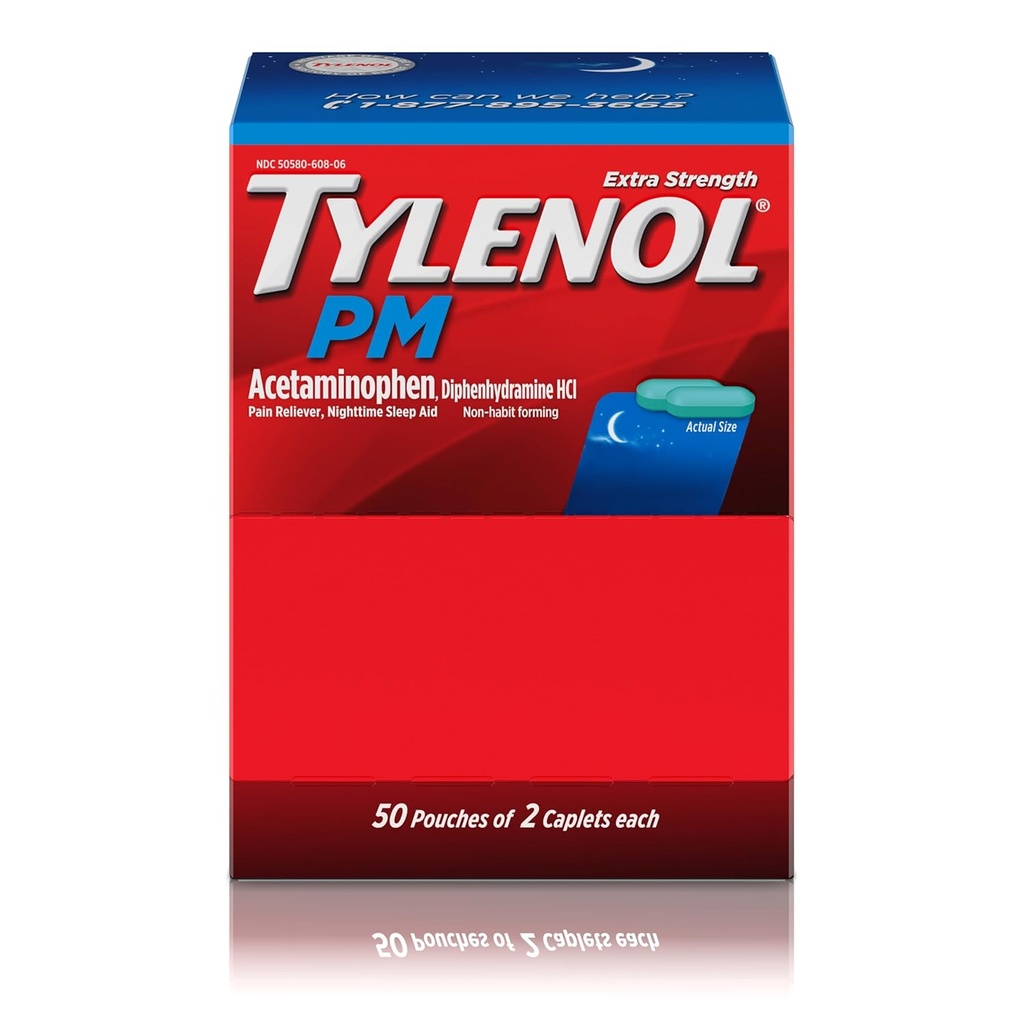Tylenol PM Extra Strength Nighttime Pain Reliever Sleep Aid Caplets med Acetaminophen & Diphenhydramin HCl, Relief for Nighttime Aches & Pains, Rejsestørrelse, 50 pakker med 2 kapsler