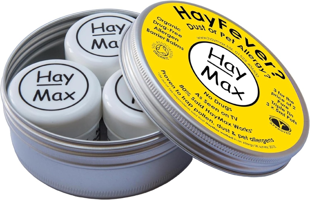 HayMax Allergen Barrier Balm Triple Tin Pure - Pack af 3 - Økologisk, Natural & Non- Drowsy Hay Fever & Allergy Relief Balm - Traps Pollen, Støv & andre Allergen Partikler - Anvend omkring Næse & Øjne
