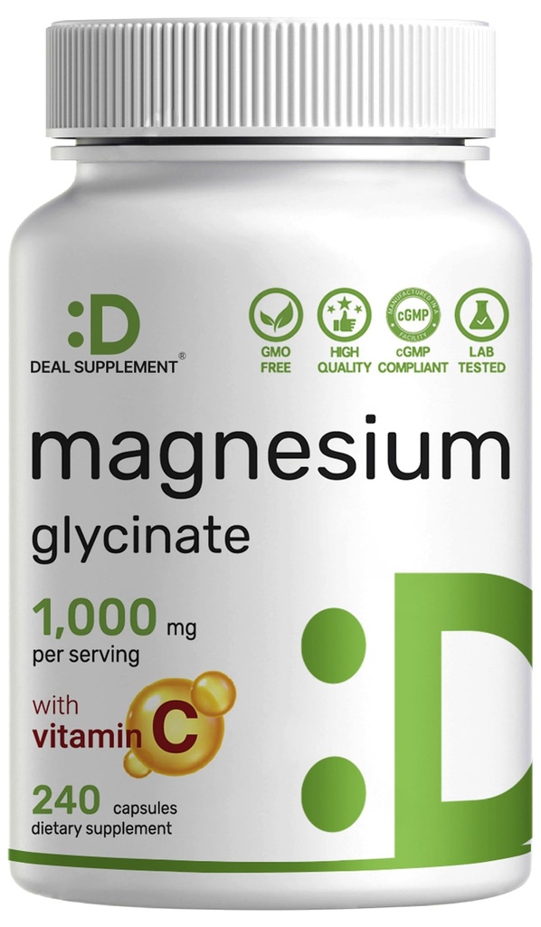 Magnesium Glycinat 500 mg per kapsel (1000 mg per servering) Plus C-vitamin, 240 kapsler - 100% chelated for Easy Absorption - Essential Mineral supplement