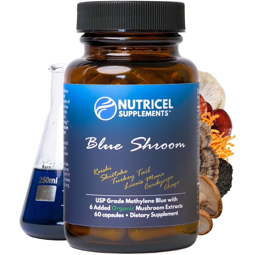 Nutricel methylen Blå Kapsler med Mushroom Ekstrakter: Lions Mane, Reishi, Cordyceps, Chaga, Shiitake, Tyrkiet Hale - Trusted Made in America Brand - 7mg (USP Reference Compliant) (60ct)