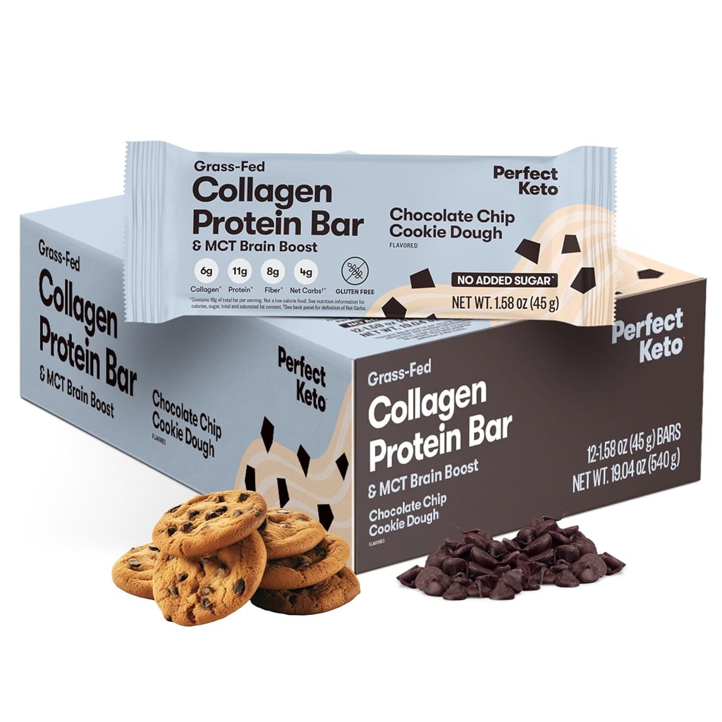 Perfekt Collagen Protein Barer, Gluten Free Grass Fed Collagen + MCT Olie, lav Carb, ingen sukker tilsat, høj protein snacks, Keto Diet fødevarer, 11g protein, 18g fedt, 3g netto kulhydrater, chokolade Chip, 12 Barer