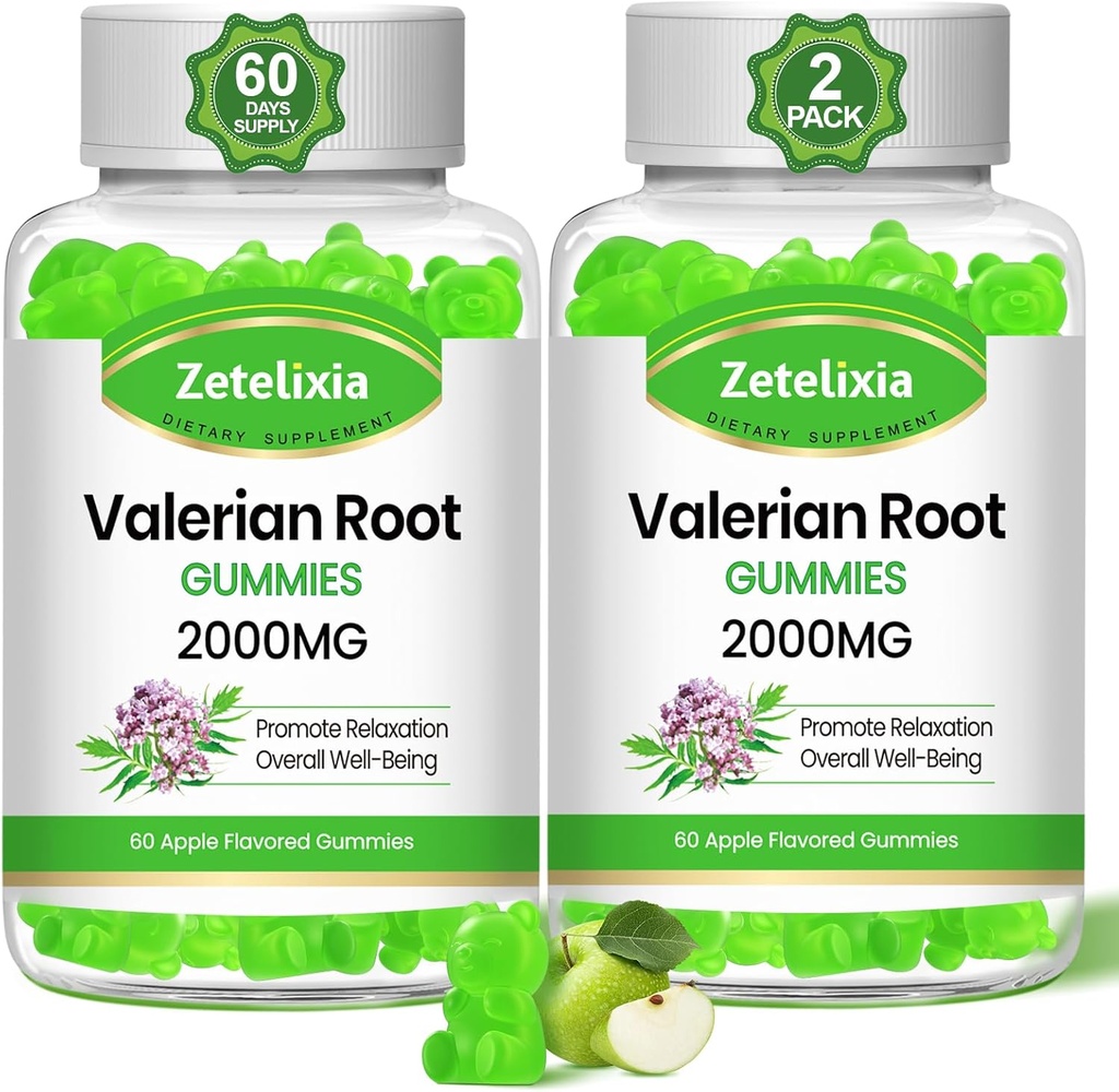 2 Pack Økologisk Valerian Root Gummies, Urte supplement til afslapning & Mood Support, Sove Gummies uden melatonin for voksne, Vegan, Non- GMO, Apple Flavor, 120 Greve