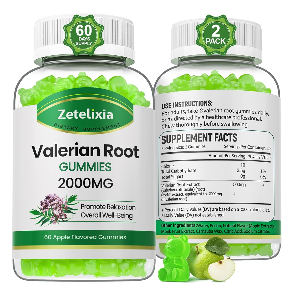 2 Pack Økologisk Valerian Root Gummies, Urte supplement til afslapning & Mood Support, Sove Gummies uden melatonin for voksne, Vegan, Non- GMO, Apple Flavor, 120 Greve