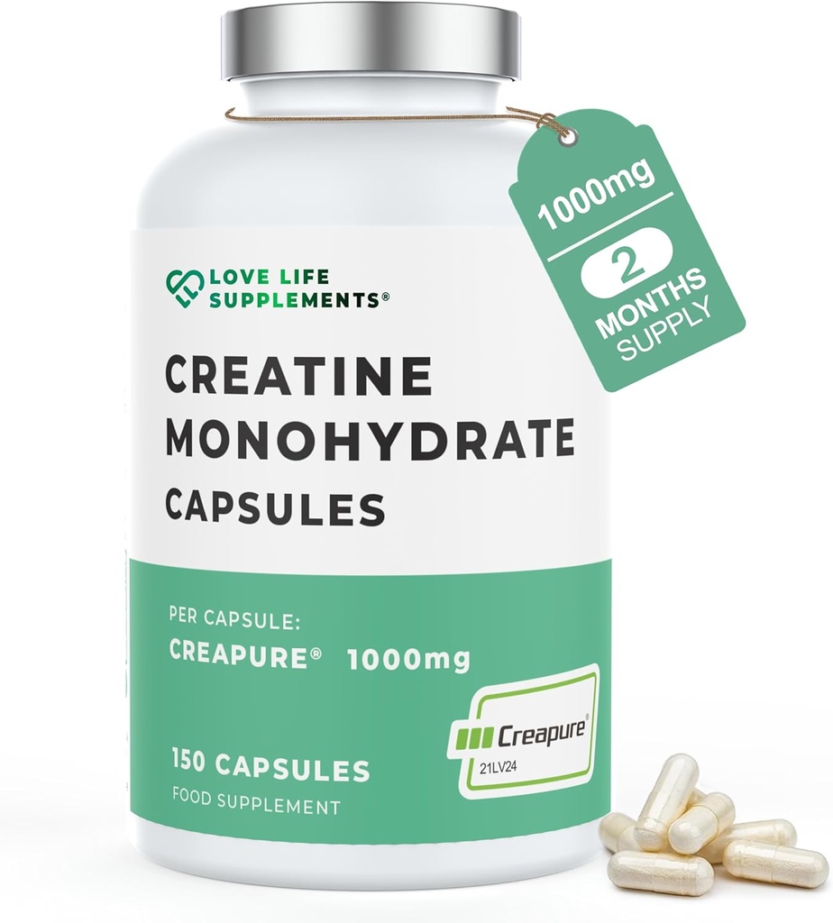 Love Life Supplements Creapure ® Creatinine Monohydrat, 150 kapsler, 1 Gram per kapsel (ikke pulver eller tabletter), 30- 50 Servere, til muskelopbygning, Styrke & Power Output, 3. part testet