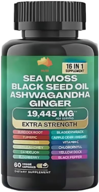 Muse Sea Moss, Black Seed Oil, Ashwagandha, Ginger, Shilajit, Elderberry, Chlorophyll, Gurkemeje, Bladderwrack, Advanced Strength Gummies, 19,445mg, All- in-1 Bundle, 60 Count, Made in USA