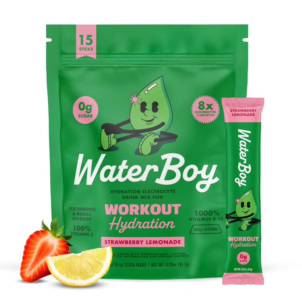 Waterboy Workout Hydration • 124; 2,960mg Sugar Free Electrolyte Powder Packets • 124; L- Glutamin + Vitamin • 124; No Sugar, All Natural, Gluten Free • 124; 15 Drink Stick Mixes (Strawberry Lemonade)