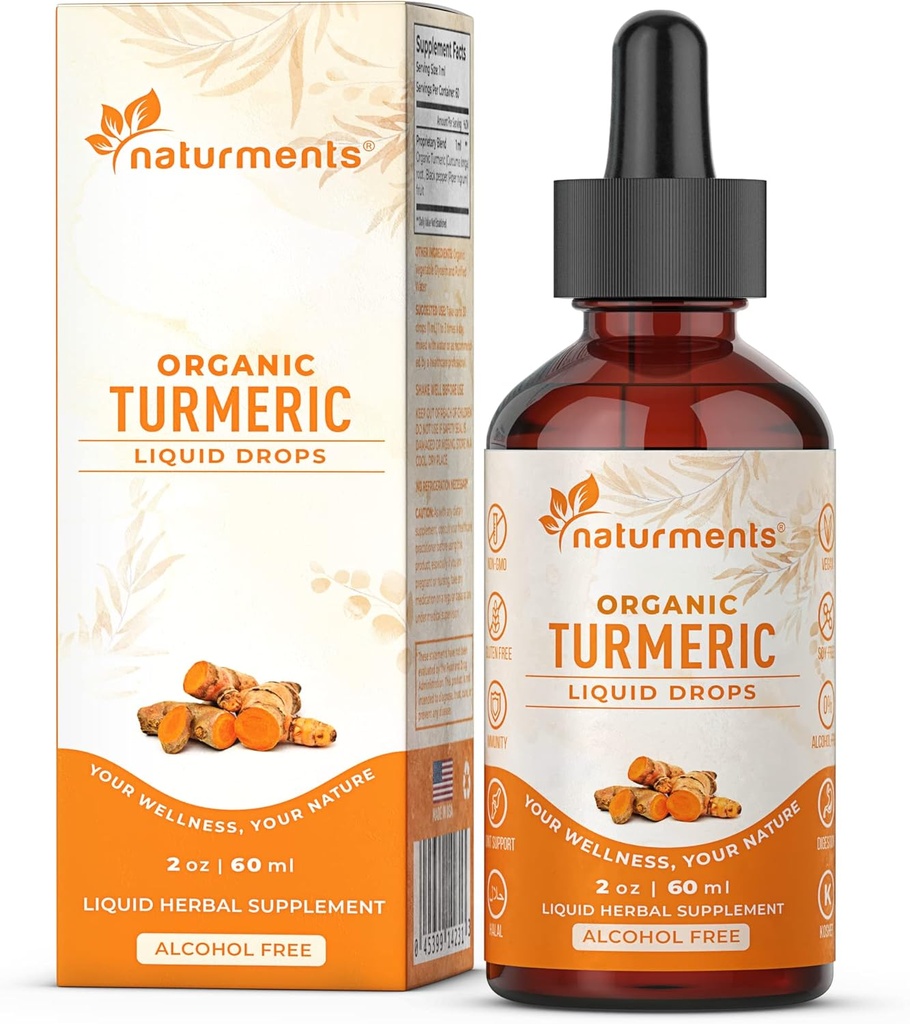 Naturationer Gurkemeje Væske: Certificeret Økologisk Gurkemeje med Ginger & Black Pepper- fælles støtte, Immun & fordøjelsesstøtte, Graceous Aging - 2 Fl Oz