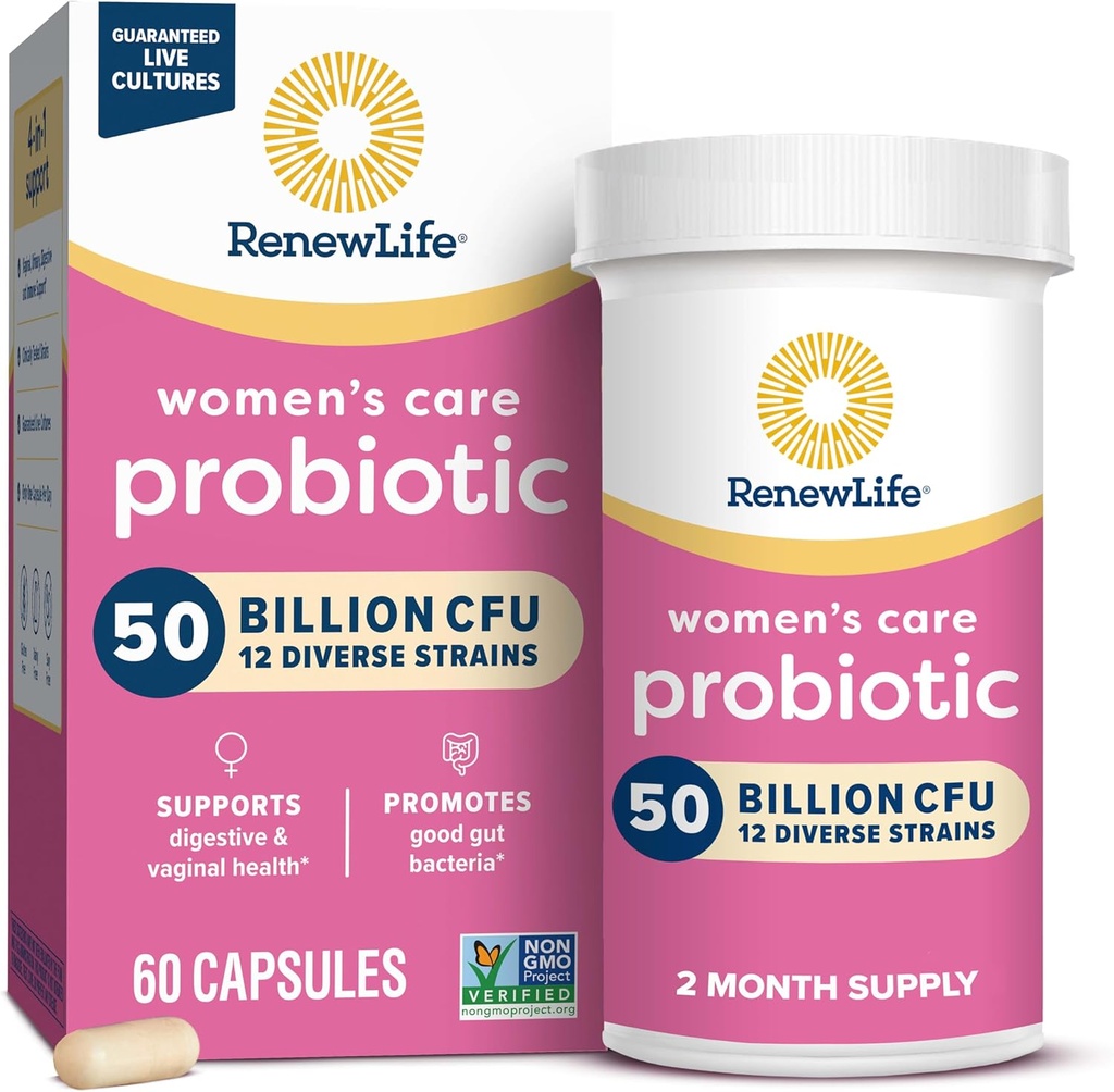 Renew Life Women 's Probiotic Capsules, 50 Millioner CFU Garanteret, Understøtter pH balance, Vaginal, Urinary, fordøjelses- og immunsundhed (2), L. Rhamnosus GG, Dairy, Soy og Gluten- Free, 60 Greve