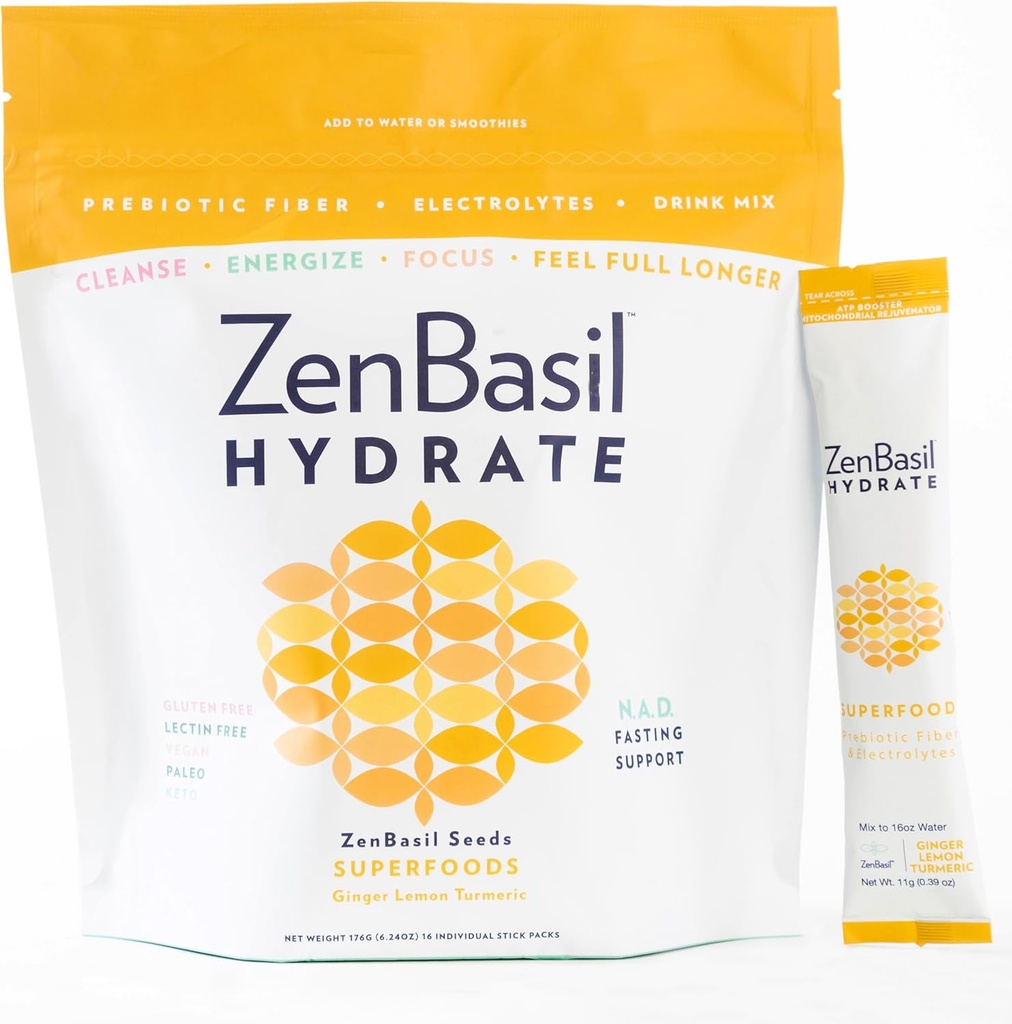 Zen Basil Hydrate - Ginger Lemon Gurkemeje 124; Electrolyte Hydration Powder Packets - 124; Fastende Support - 124; Sukker fri, Keto, Paleo