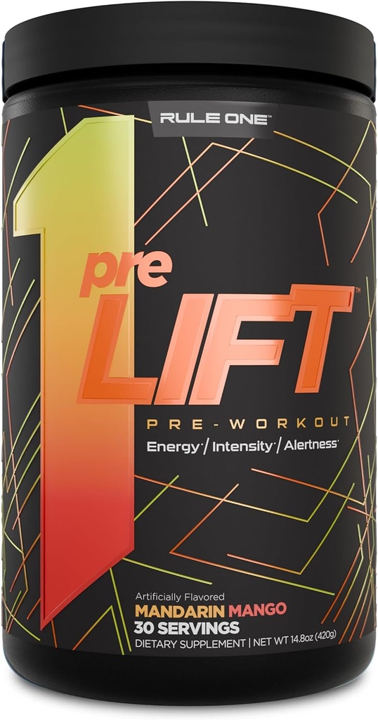 Regel 1 preLIFT Pre- Workout - 6g Citrulline, 3,2 g Beta Alanine, 3 Koffein Kilder + 20 Andre for energi, Alerness, & Endurance (30 Servere, Mandarin Mango)