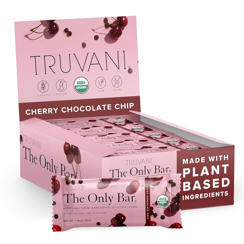 Truvani Plant Based Snack Bars 124; Cherry Chocolate Chip 12 Pack Shuch 124; 5g Protein Shape 124; USDA Organic and Vegan Shape 124; Den eneste Bar Shape 124; Dairy, Soy, og Gluten Free Shape 124; Individuelt indpakket