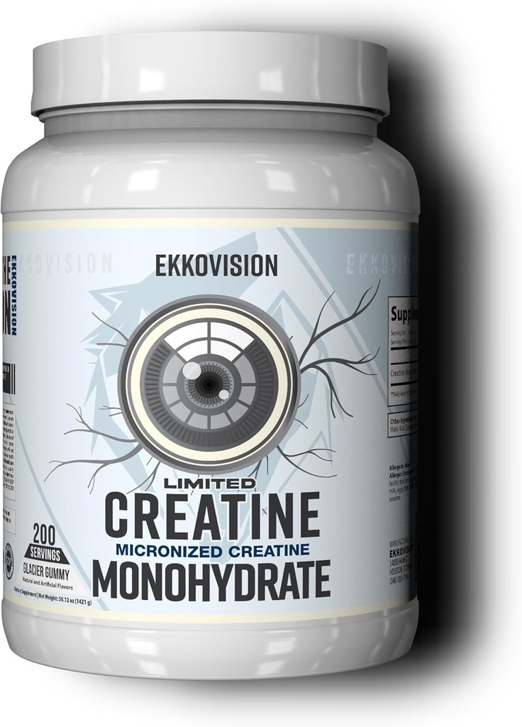 Ekkovision Creatin monohydrat pulver, Mikroniseret, Glacier Gummy, Pre Workout & Post Workout supplement til mænd & kvinder, energistøtte, Let at blande i shakes, Smoothies & drikkevarer, 200 Servere