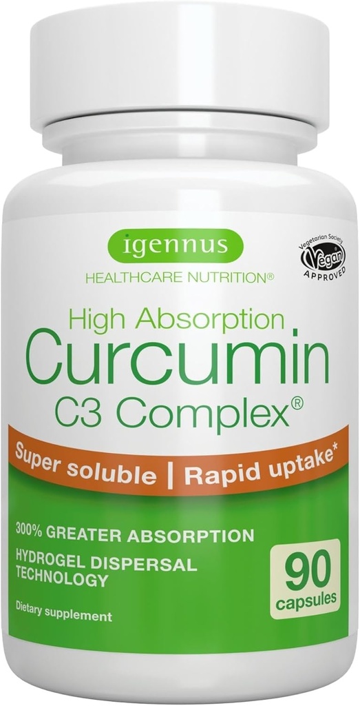 Igennus Advanced Curcumin C3 Complex, 300% Greater Absorption & Rapid Uptake, 95% Standardiseret Extract, 90 Servere, Clean Label, Vegan Supplement, 1- a- Day, 90 Kapsler