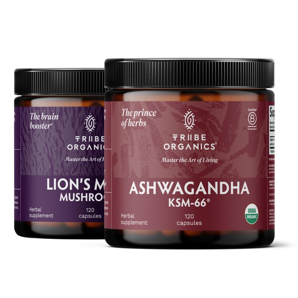 TRIBE ORGANICS NOOTROPIC Duo - KSM66 Ashwagandha + Organic Lions Mane - Beyond Focus, Mind Awareness and Mind Health