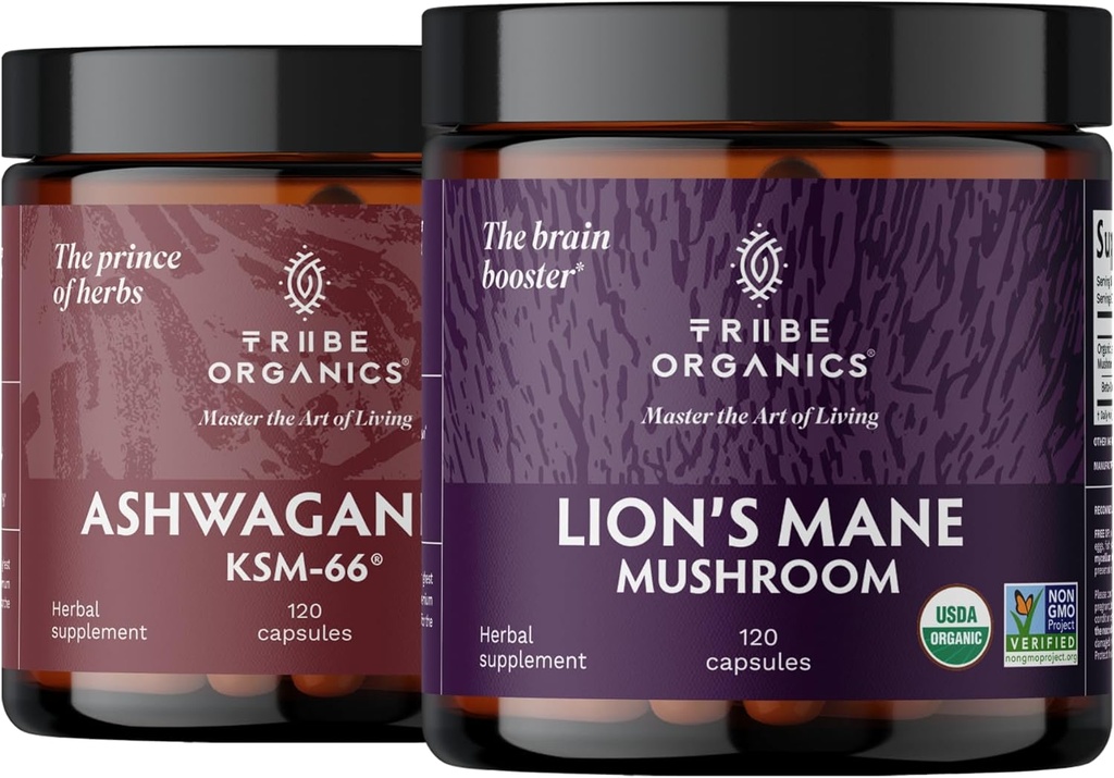 TRIBE ORGANICS NOOTROPIC Duo - KSM66 Ashwagandha + Organic Lions Mane - Beyond Focus, Mind Awareness and Mind Health