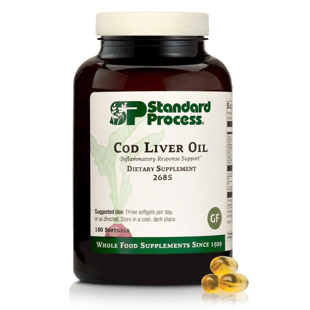 Standard Process Cod Leverolie - Hjælpemidler Sunde Hud & Øjne med Omega-3 Fedtsyrer & Vitaminer A og D - Knogle- og tandpleje support - Gluten- Gratis, Non- Dairy & Non- Soy - 180 Softgels (60 Servere)