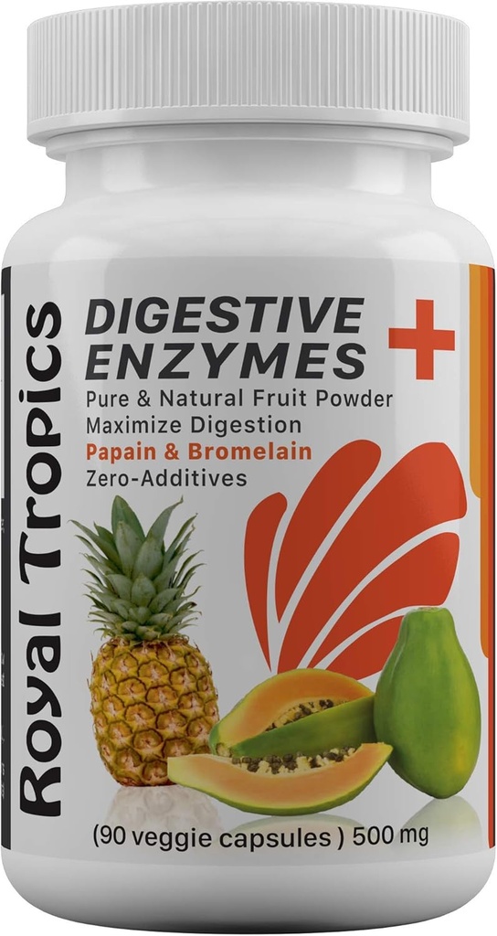 Kongelige Tropics fordøjelsesfremmende enzymer Kosttilskud - Vegetarisk formel med grøn papaya Tilsat Bromelain syre Reducer for perfekt Gut Health Veggie 90 Kapsler 500 mg