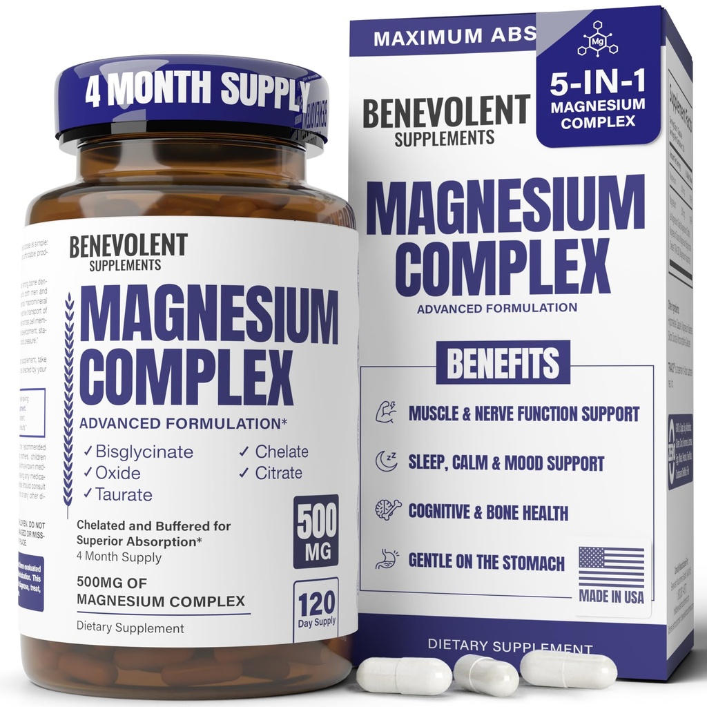 Magnesiumkompleks supplement, 4 måneders levering af 500mg 5- in-1 Bisglycinat, oxid, taurat, aspartat, citrat, Max Absorption Magnesium supplement til ro, søvn & lg kramper, 120 Kapsler