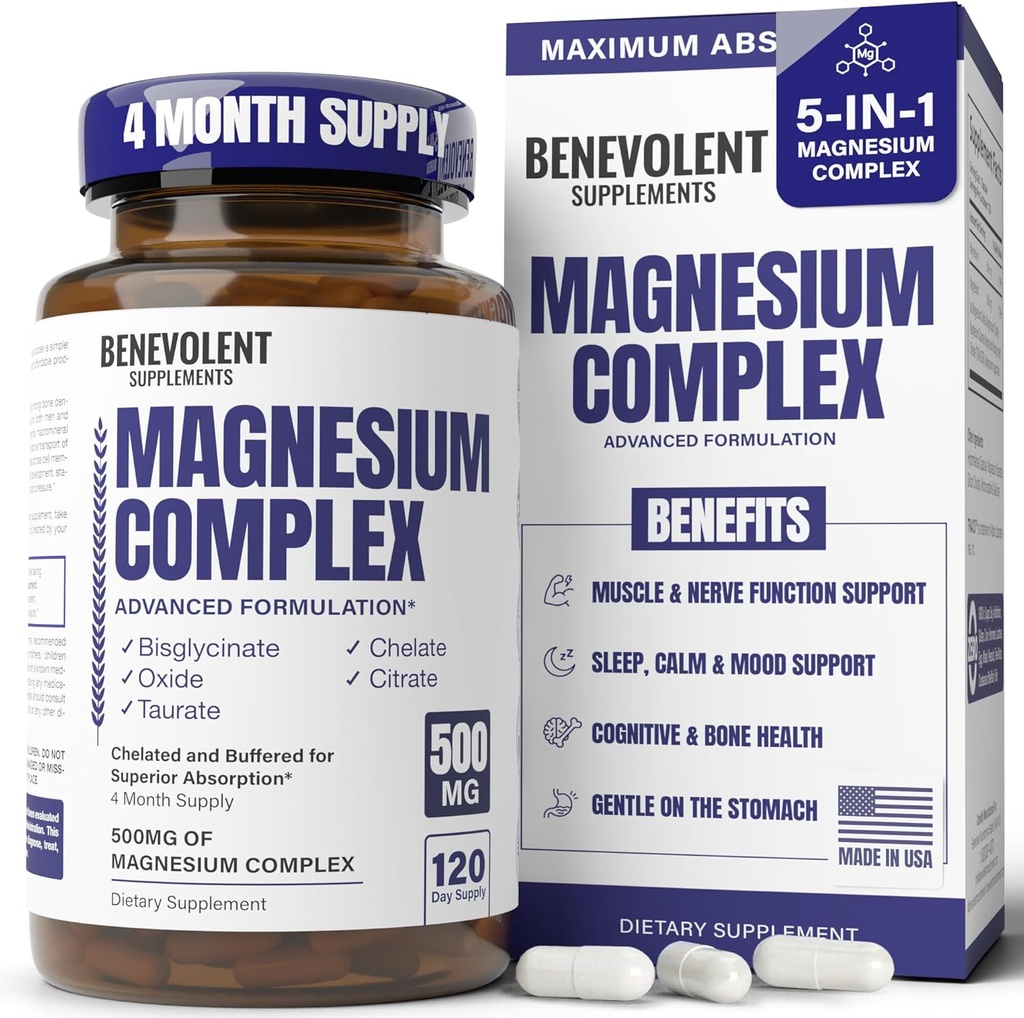 Magnesiumkompleks supplement, 4 måneders levering af 500mg 5- in-1 Bisglycinat, oxid, taurat, aspartat, citrat, Max Absorption Magnesium supplement til ro, søvn & lg kramper, 120 Kapsler