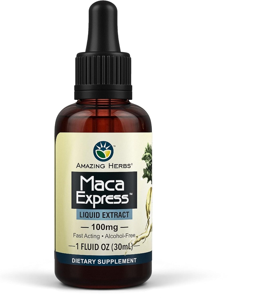 Amazing Herbs Maca Express Liquid Extract - Peruvian Maca Extract, Promoes Stamina, Energy, Endurance, & Mental Clairity - 1 Fl Oz