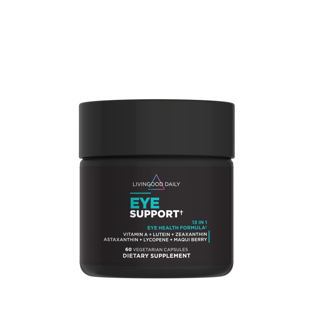 Livingood Daily Eye Support, 13- in-1 Vision Supplement med Lutein, Zeaxanthin, Astaxanthin, vitamin A, Lycopene, Maqui Berry & mere, fremmer sunde øjne, blå lys beskyttelse, Vegan, 60 kapsler