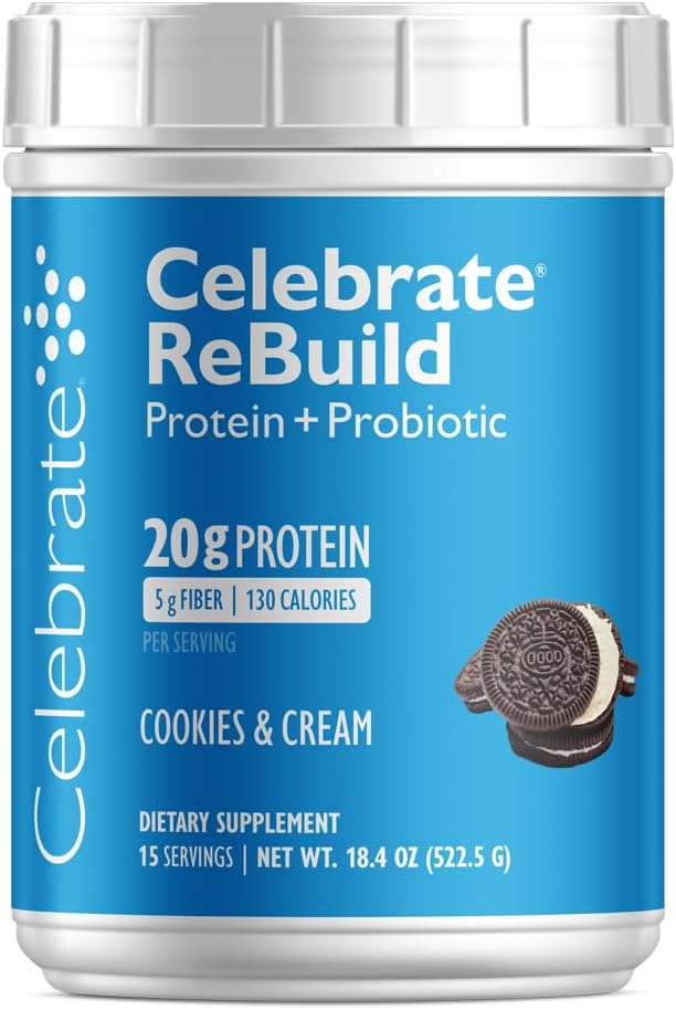 Celebrate Vitamins Rebuild Protein Powder with Probiotics &amp; Prebiotics - 20g Whey Isolate Protein, High Fiber, for Post Bariatric Surgery Patients - Cookies &amp; Cream (15 Servings)