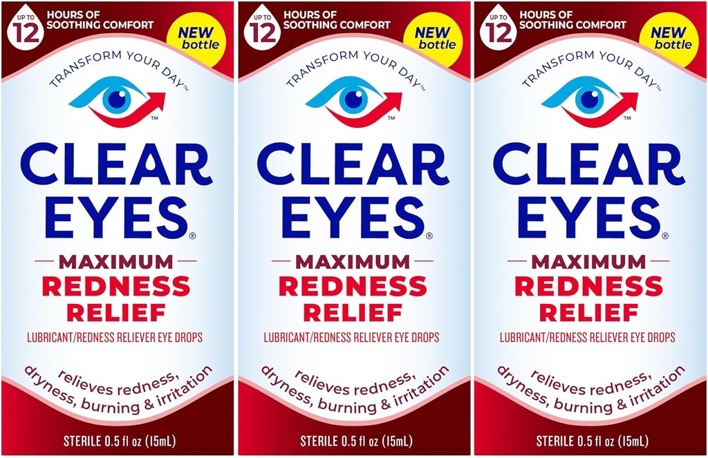Clear Eyes Maximum Redness Eye Relief Eye Drops, 0.5 Fl Oz, pakke med 3