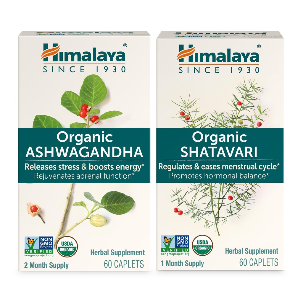 Himalaya Organic Ashwagandha til energistøtte Plus Organic Shatavari til PMS, Menstrual Cramp Relief & Menopause Support, 60 kapsler hver - 2 Produkt bundle