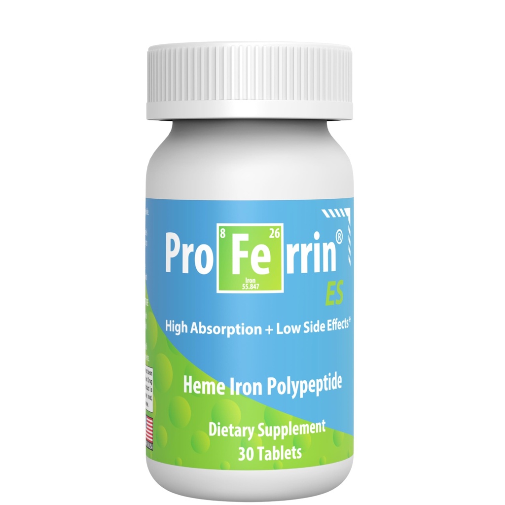 Proferrin ES- 10, 5 mg høj Absorbing Heme Iron Polypeptid. Lavet i USA. 30 Tabletter. Rolig nu. Ikke påvirket af kaffe, calcium eller PPI.