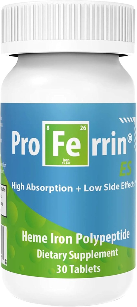 Proferrin ES- 10, 5 mg høj Absorbing Heme Iron Polypeptid. Lavet i USA. 30 Tabletter. Rolig nu. Ikke påvirket af kaffe, calcium eller PPI.