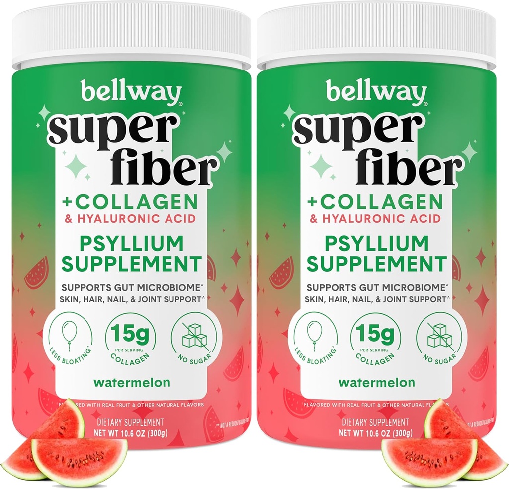 Bellway Super Fiber Powder + Collagen (2 Pack), Sugar- Free Psyllium Husk Powder med Collagen Peptider og Hyaluronsyre til Gut Health, Sund Hud, Nails, Bones & Joints, Watermelon (21.2 oz)