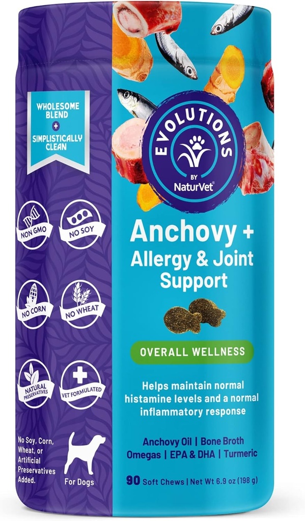 NaturVet Evolutions Anchovy + Allergy & Joint Support 90ct Soft Chews for Dogs - Anchovy Oil, Bone Broth - Hjælper med at vedligeholde normale Histaminniveauer - Hjælper støtte Normal Inflammatorisk respons