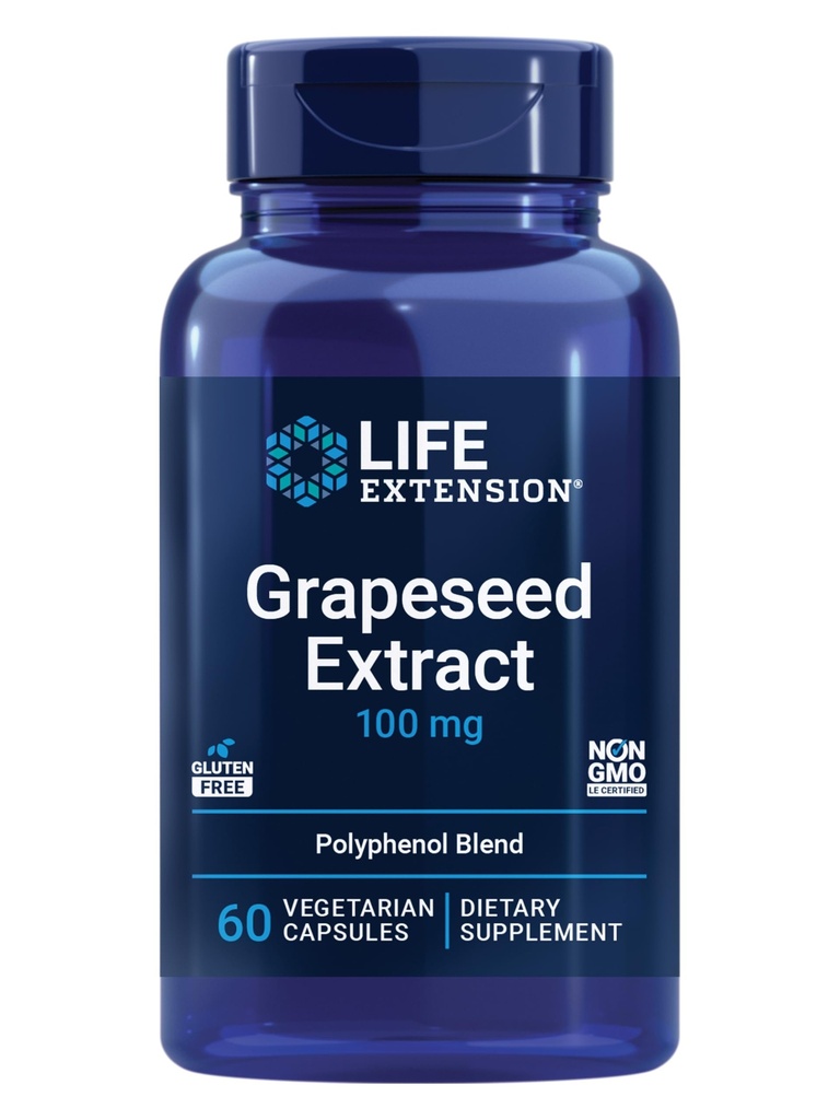 Life Extension Grapeseed Extract, C-vitamin, Calcium, resveratrol, polyphenoler, cardiovaskulær sundhed, antioxidant Beskyttelse, Gluten- fri, Non- GMO, Vegetar, 60 Kapsler
