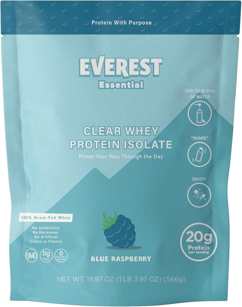 Everest Essential, 100% Grass- Fed Protein Powder (20 Servere), Blå Hindbær, Zero Sugar, Lactose- Free, Electrolyte- Infunded, Grass- Fed Protein Isolate, Natural Flavor, 20g Protein pr Servering