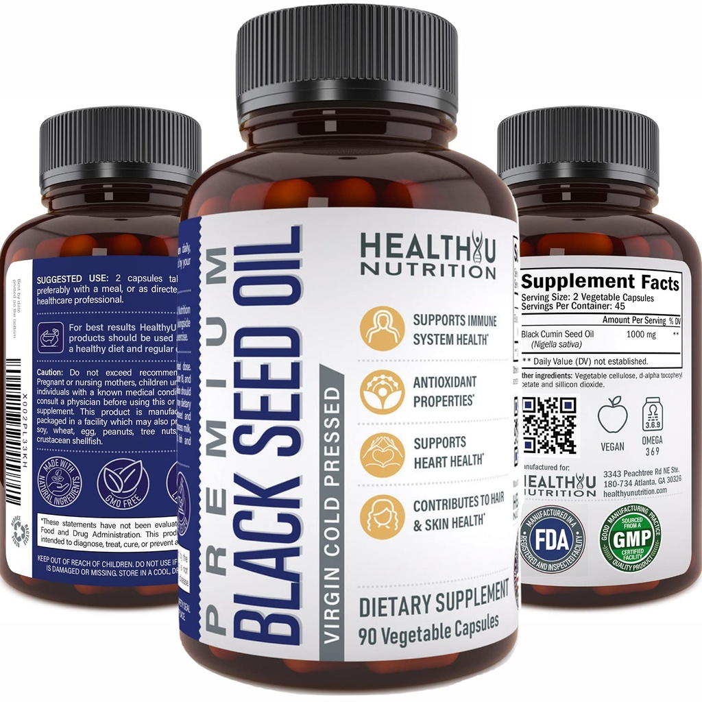 Premium Black Cumin Seed Oil Capsules - Virgin Cold Pressed Nigella Sativa Black Seed Oil Pills - immunsupport supplement - Omega 3 6 9 E-vitamin Blackseed til Nails Hår Hud 1000 mg p / Servering
