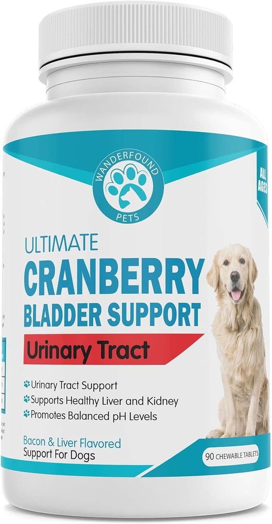 Wanderfound Kæledyr Ultimate Cranberry Bstigen UTI Support for Hunde - Hunde Urinary Tract Inkontinens Formel med Cordyceps Mushroom - Bacon & Lever Flavor - 90 tyggetabletter