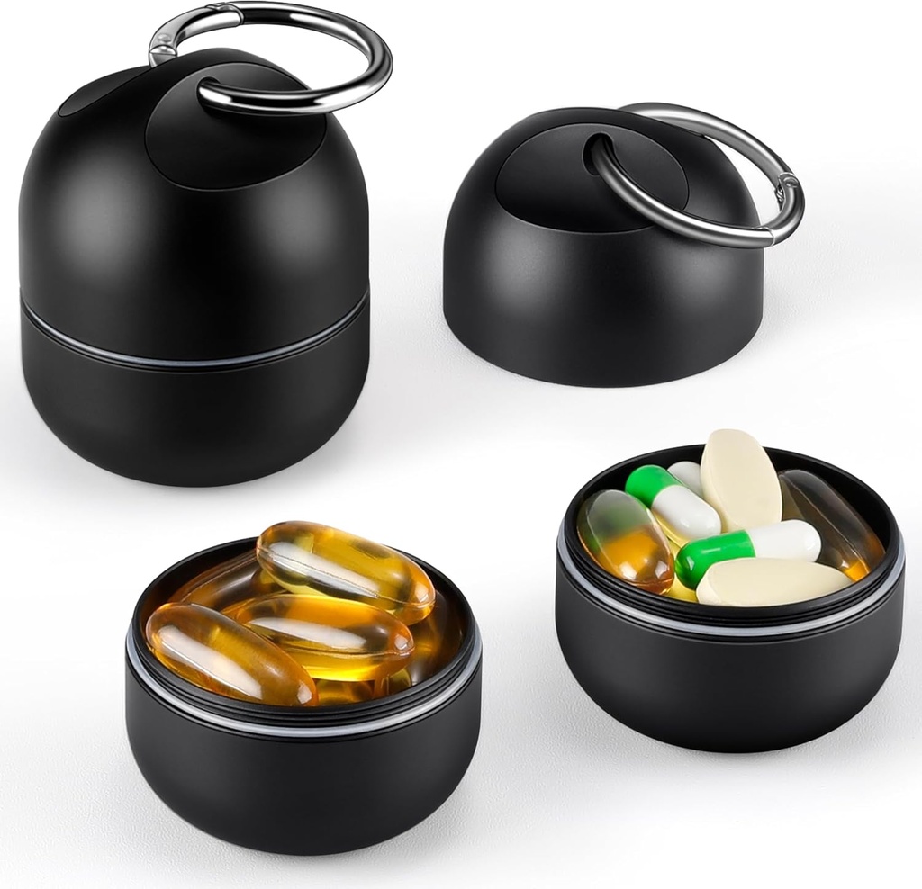 Zannaki lille portable enkelt pilleboks Keychain - Metal Daily Travel Pill Organizer sag, Vandtæt pilleholder flaske, Cute Medicine Vitamin Supplement Container Carrier til Pocket eller Purse, Sort