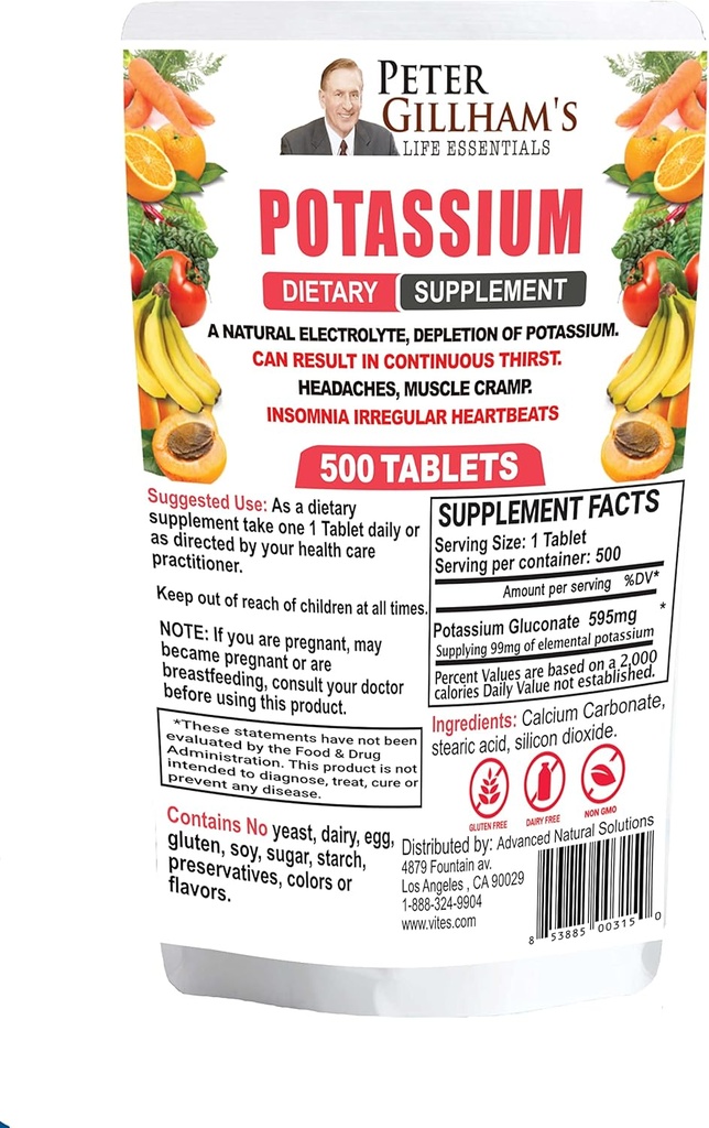 Peter Gillhams Life Essentials Kalium Gluconate tabletter 595mg, 500 tabletter, Support Electrolyte Balance, Made in USA (Pakke May Vary)