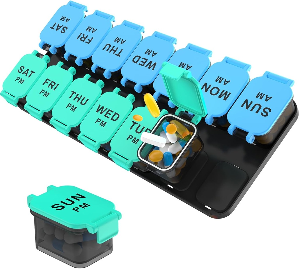 Stor 7 Dag Pill Organizer, XL AM to gange dag Medicine Storage Box, Big 2 Week Pill Holder til piller, Vitamin & Kosttilskud, Rejse Pill sag for Medication Blue + CyanName