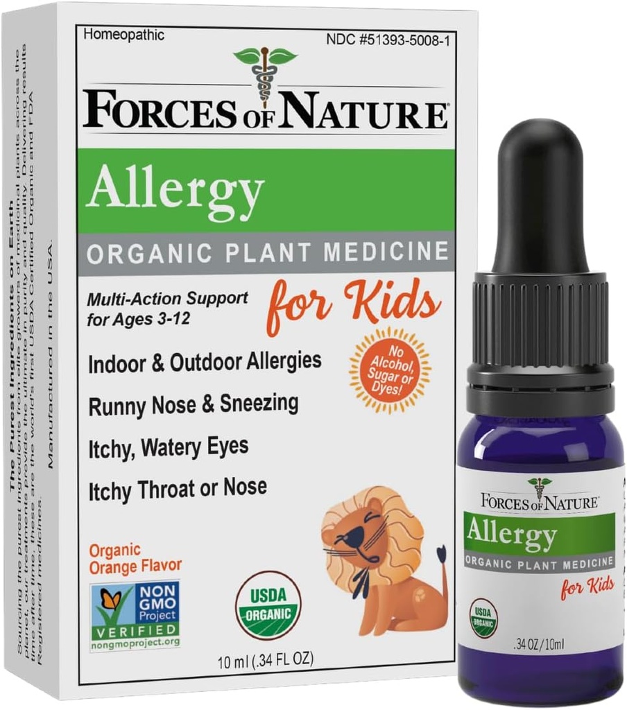Naturkræfter Kids Allergi Relief, Økologisk Homøopatisk Medicin, Immunstøtte & Multi Symptom for Age 3-12, Indendørs & Udendørs Allergier, Itchy Eyes, Runny Næse, Sinus Tryk, Non Drowsy