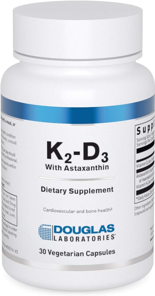 Douglas Laboratories K2- D3 med Astaxanthin - Antioxidant Support for Bones, immunfunktion og vaskulær sundhed * - Med Menaquinone- 7 & D Vitamin - 30 vegetariske kapsler