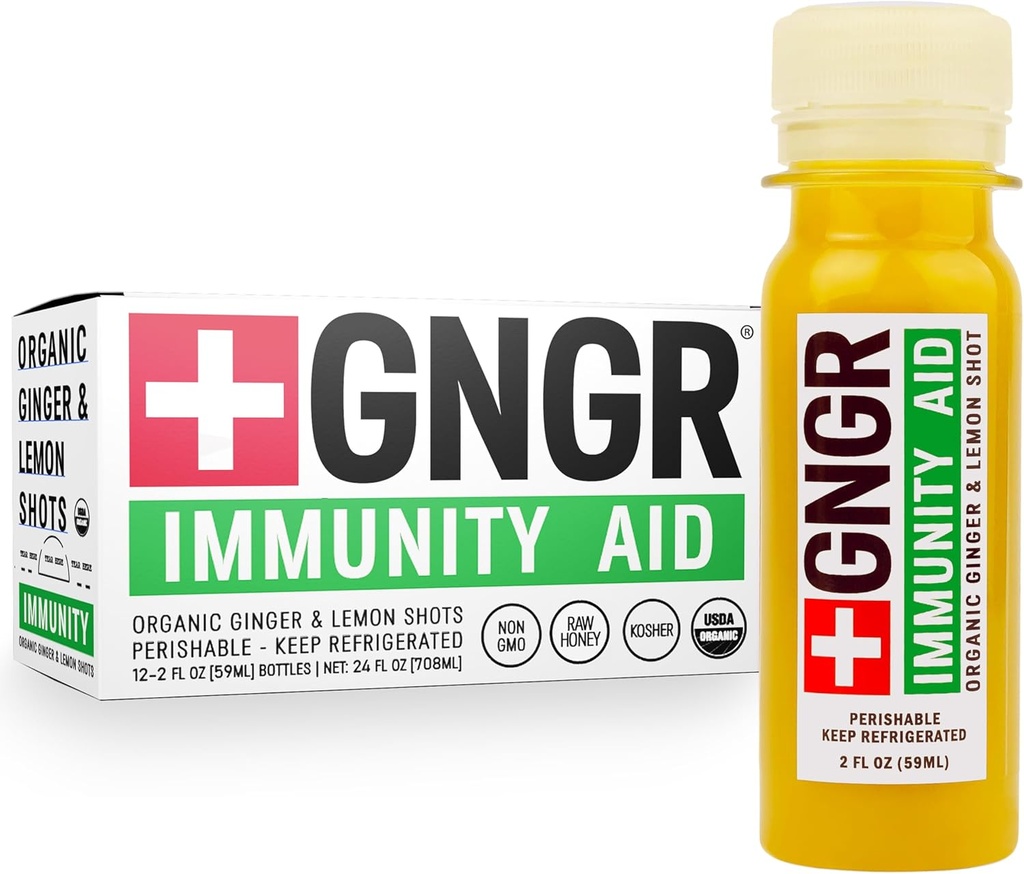 + GNGR Immunity Aid Organic Ingefær, Lemon & Honey Shot - Cold Pressed Ginger Shots med Echinacea, Lemon Juice, Honey, Zink & Vitamin D3, immunforsvar & fordøjelsesstøtte 2 fl oz (Pack of 12)