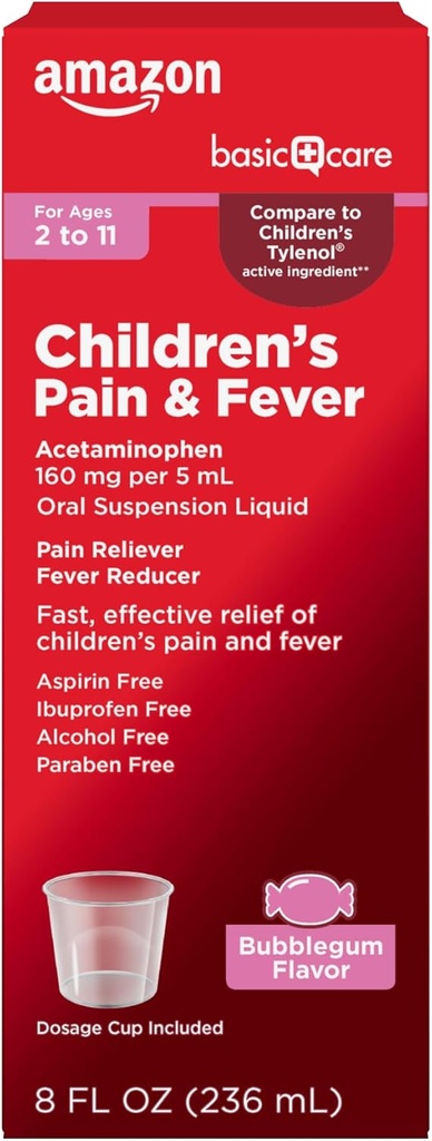   Basic Care Children's Pain and Fever Oral Suspension Liquid, Acetaminophen 160 mg per 5 mL, Bubblegum Flavor, 8 fl oz