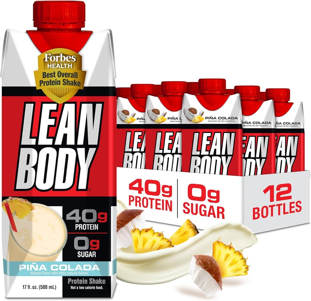Lean Body Ready- to- Drink Pina Colada Protein Shake, 40g Protein, Whey Blend, 0 Sugar, Gluten Free, 22 Vitamin & Minerals, 17 Fl Oz (Pack of 12)