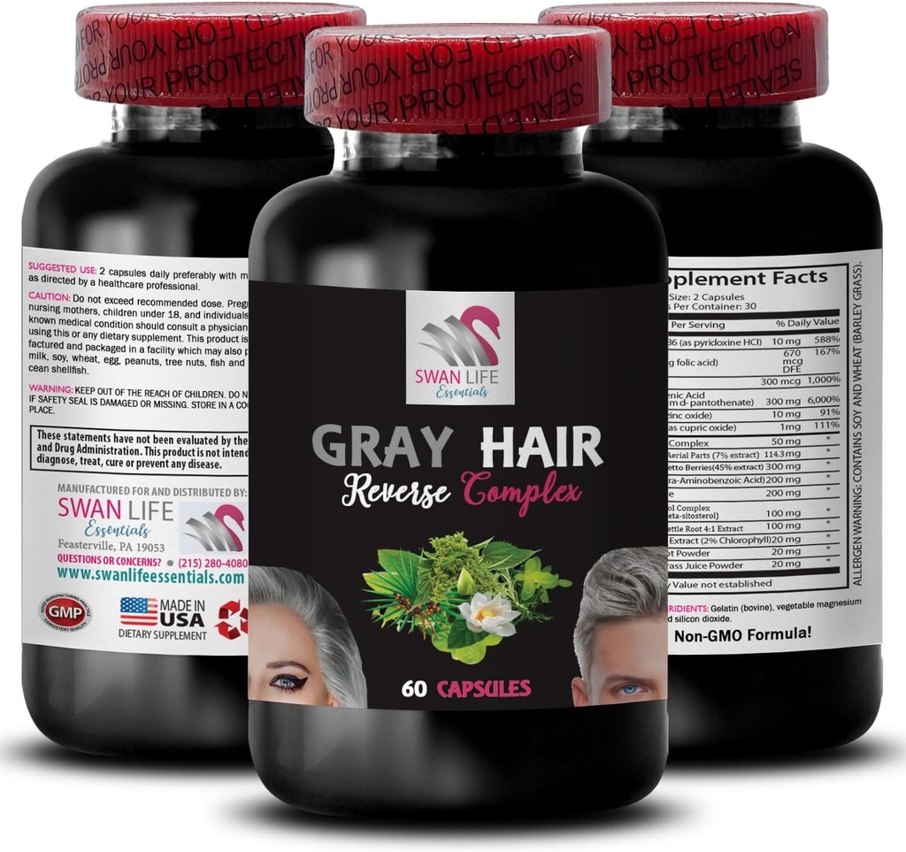 Biotin, farveforbedring - GRAY HAIR REVERSE - genoprette vibrans, hårpleje løsning, forny hårfarve, farve restaurering, hår tone forbedring, alder-troskab hår, pulserende hårfarve 1Bot 60Caps