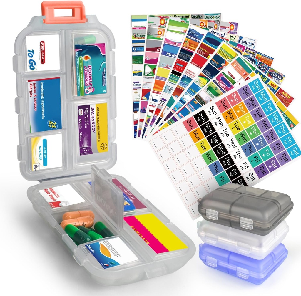 3 stk gør det selv Travel Pill Organizer med etiketter Pocket Pharmacy, 3 pill Box & 420 Medicin Labels, Portable Travel Essentials Mini Pill Container 7 dag pill sag Opbevaring Vitamin Fish Oil (Set A)