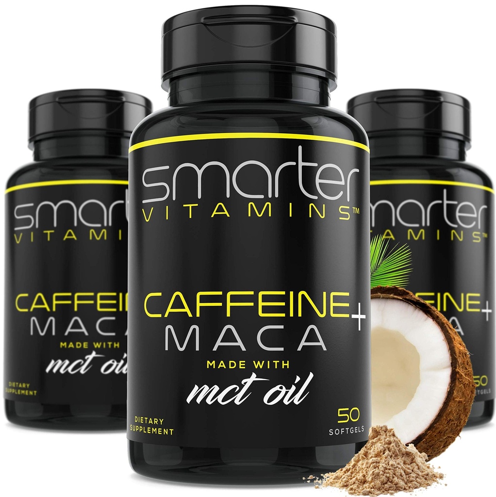 (3 Pack) Smartere energipiller, 200mg koffein & kokos MCT Olie med Maca Root, 150 flydende bløddele